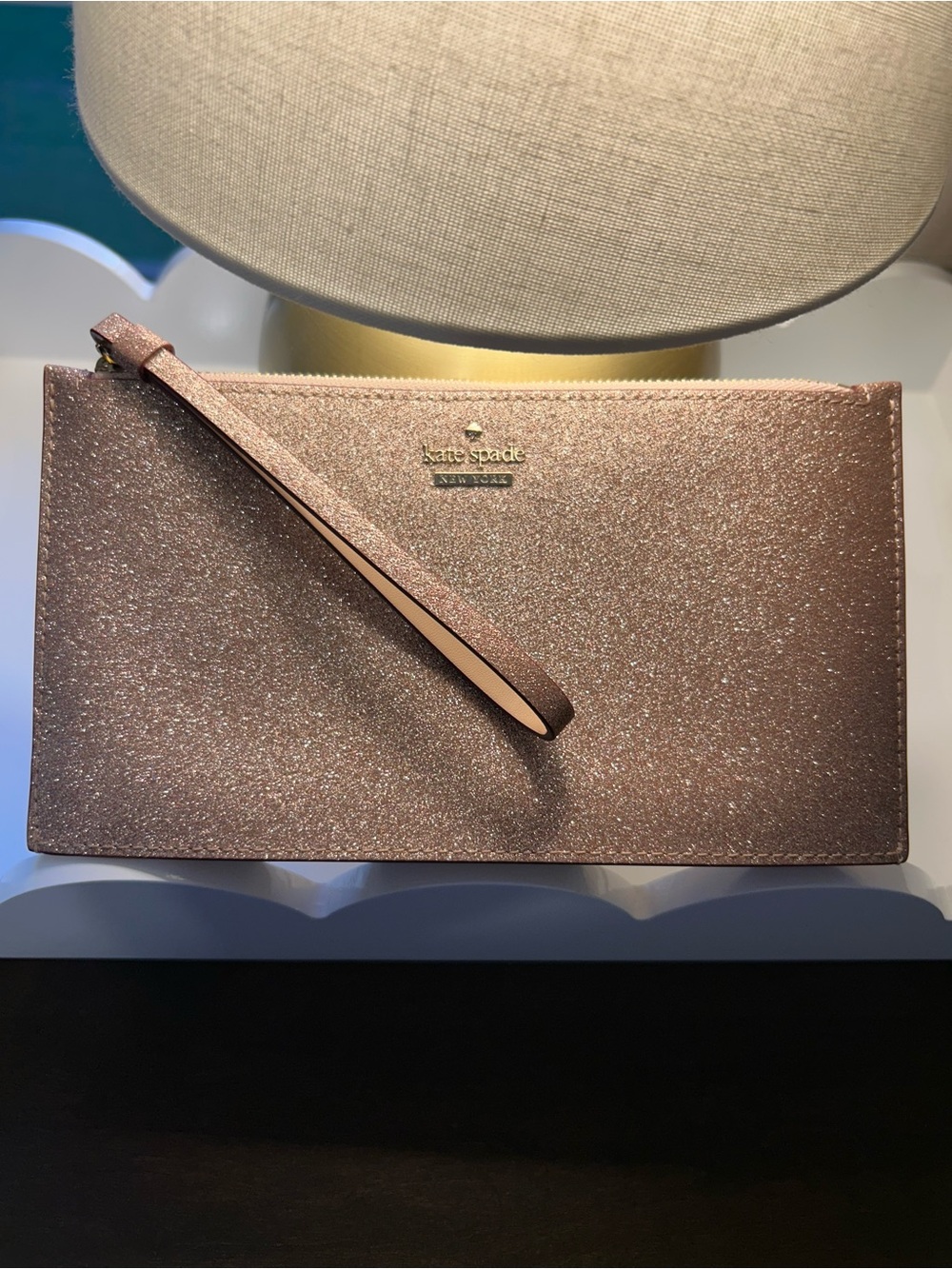 NEW Kate Spade glitter wristlet in rose metallic